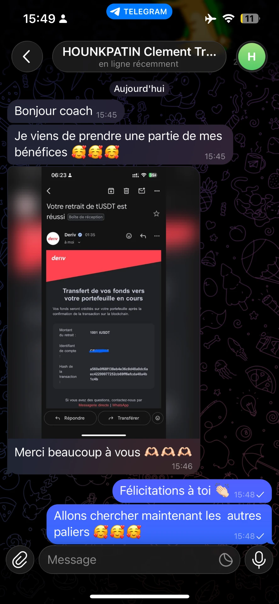 Capture du message de Clement