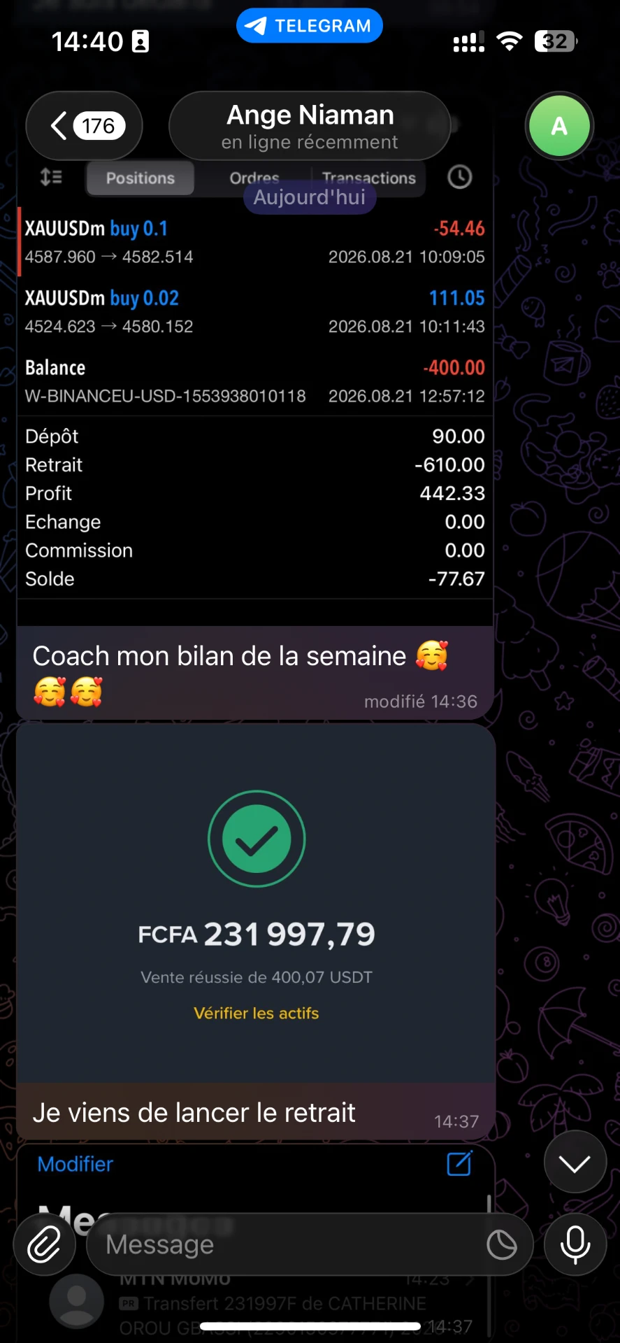 Capture du message de Ange